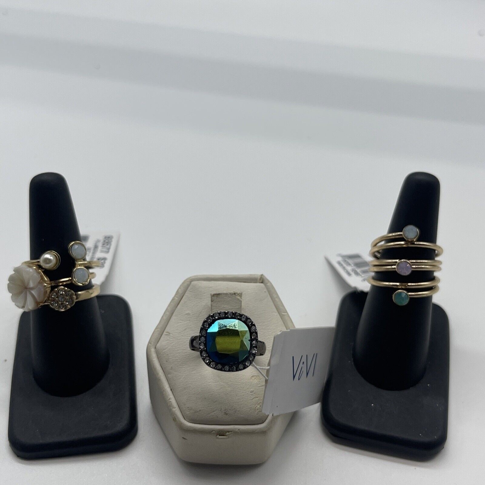 Vivl Set Of 3 Mixed Ring Bundle Lot Gold Silver Crystal New With Tags Sz 7